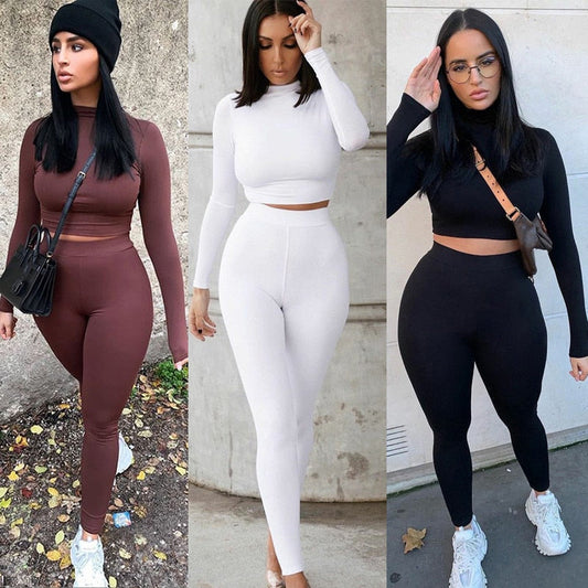 Maou - Two Piece Set Solid Tracksuit High Waist Stretchy Sportswear