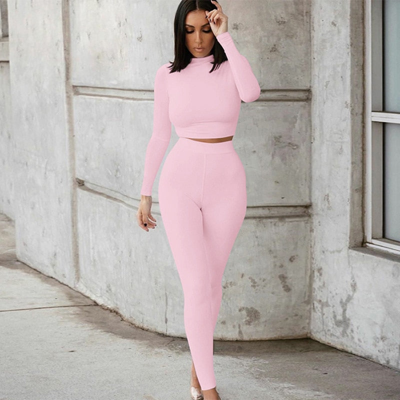 Maou - Two Piece Set Solid Tracksuit High Waist Stretchy Sportswear