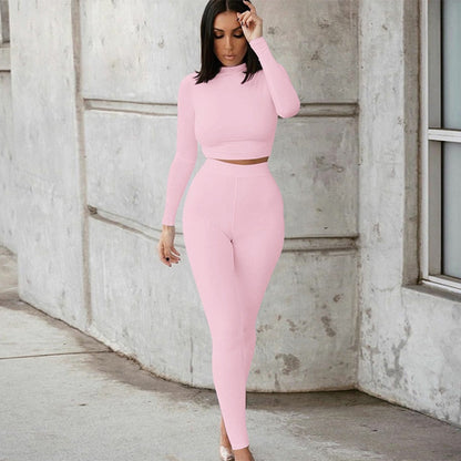 Maou - Two Piece Set Solid Tracksuit High Waist Stretchy Sportswear