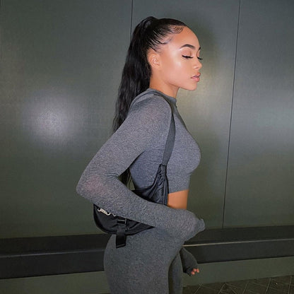 Maou - Two Piece Set Solid Tracksuit High Waist Stretchy Sportswear