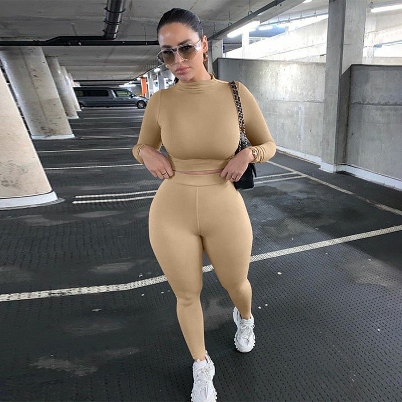 Maou - Two Piece Set Solid Tracksuit High Waist Stretchy Sportswear