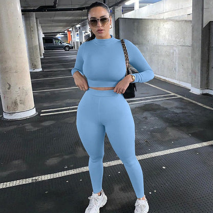 Maou - Two Piece Set Solid Tracksuit High Waist Stretchy Sportswear