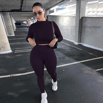 Maou - Two Piece Set Solid Tracksuit High Waist Stretchy Sportswear