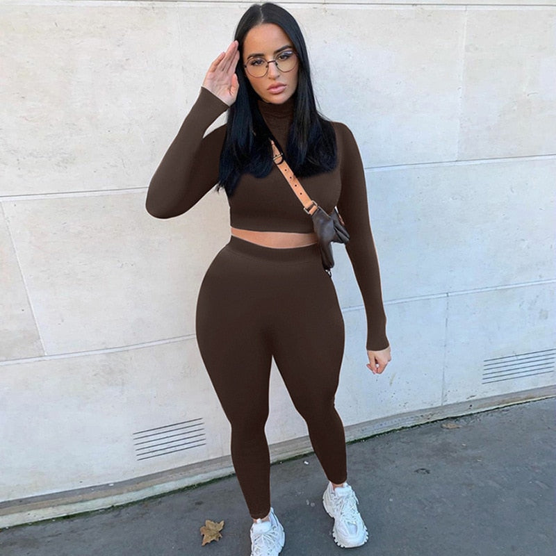 Maou - Two Piece Set Solid Tracksuit High Waist Stretchy Sportswear