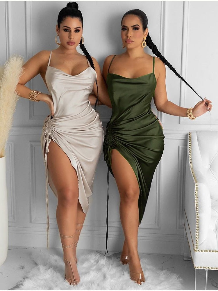 Nesa - Satin Summer Dress Drawstring Spaghetti Straps