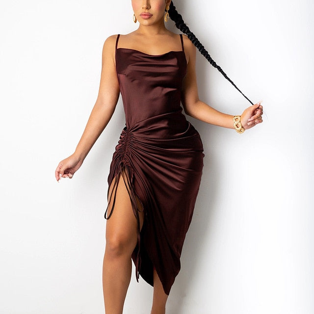 Nesa - Satin Summer Dress Drawstring Spaghetti Straps