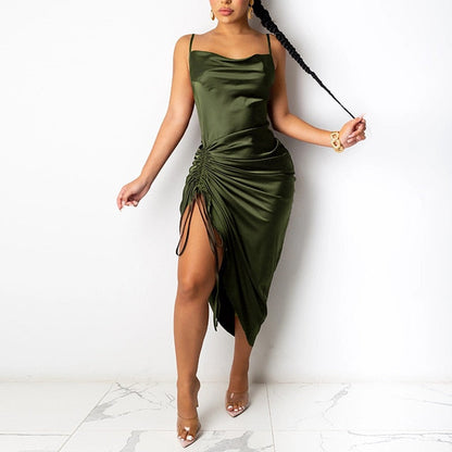 Nesa - Satin Summer Dress Drawstring Spaghetti Straps